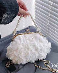 White Net Flower & Pearl Clutch with Pearl Handle