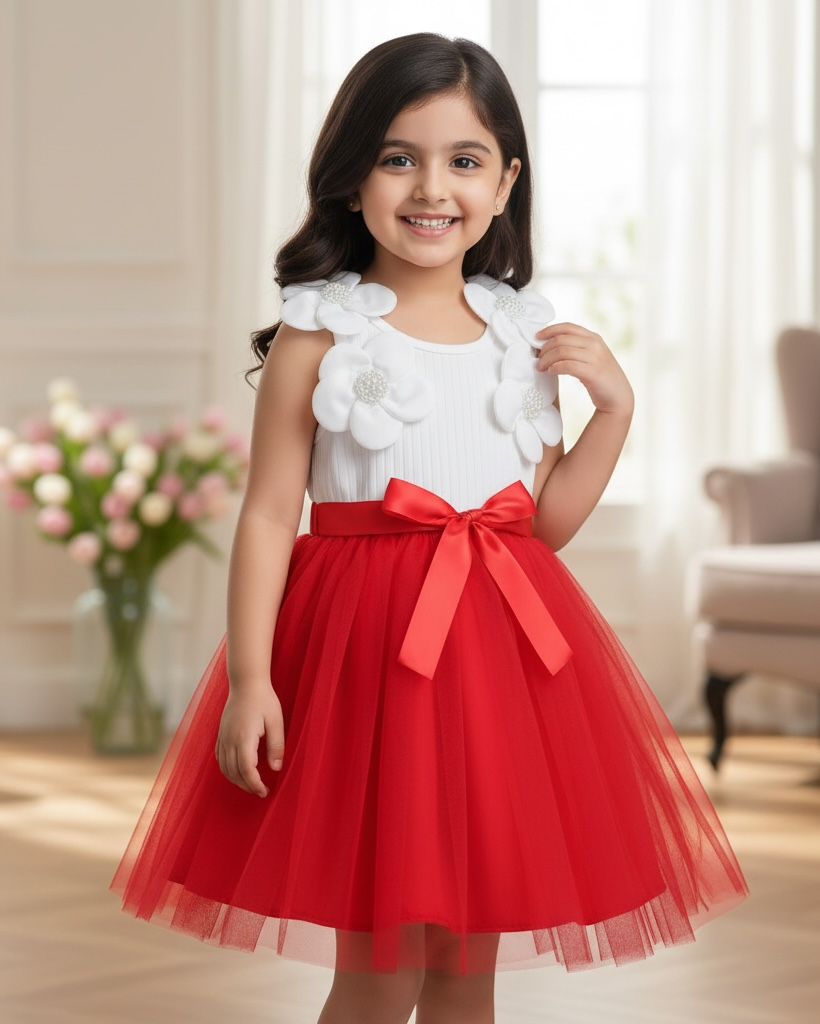 Kids Girls 3D Red Floral Mesh Sleeveless Summer Party Dress