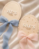 Wooden Baby Birth Announcement Sign – “He’s Here” / “She’s Here” with Ribbon