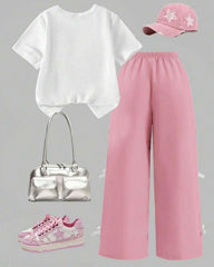 Tween Girls Pink Graphic Tee & Bow Pants Set