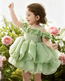 Baby Girl Green 3D Flower Bow Puff Tulle Party Dress Princess Dress