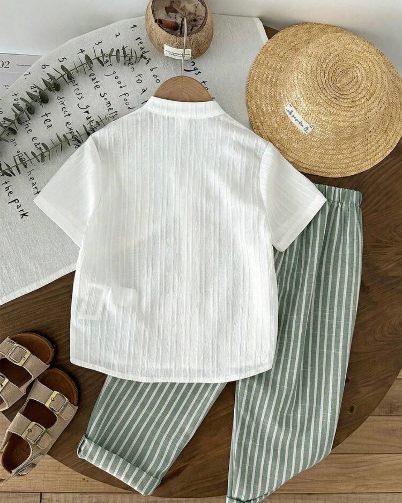 Young Boys 2-Piece Shirt & Green Striped Pants Set