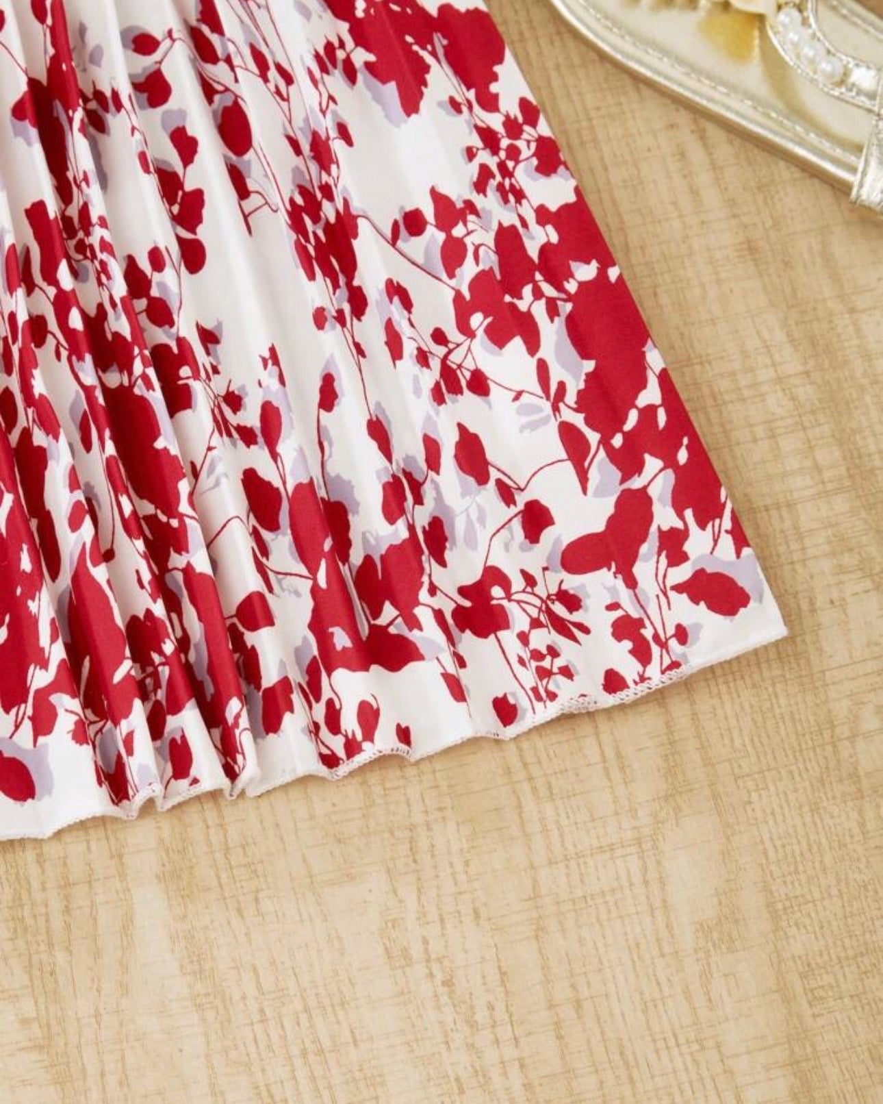 Girls 2-Piece Red Floral Print Pleated Dress & Cardigan Set