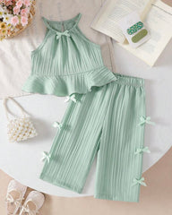 2pcs Baby Girls' Green colour Spaghetti Strap Camisole Top With 3D Bow Decor Straight Leg Pants Set