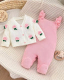 Newborn Baby Girl Pink Floral Pattern Knitted Cardigan and Romper