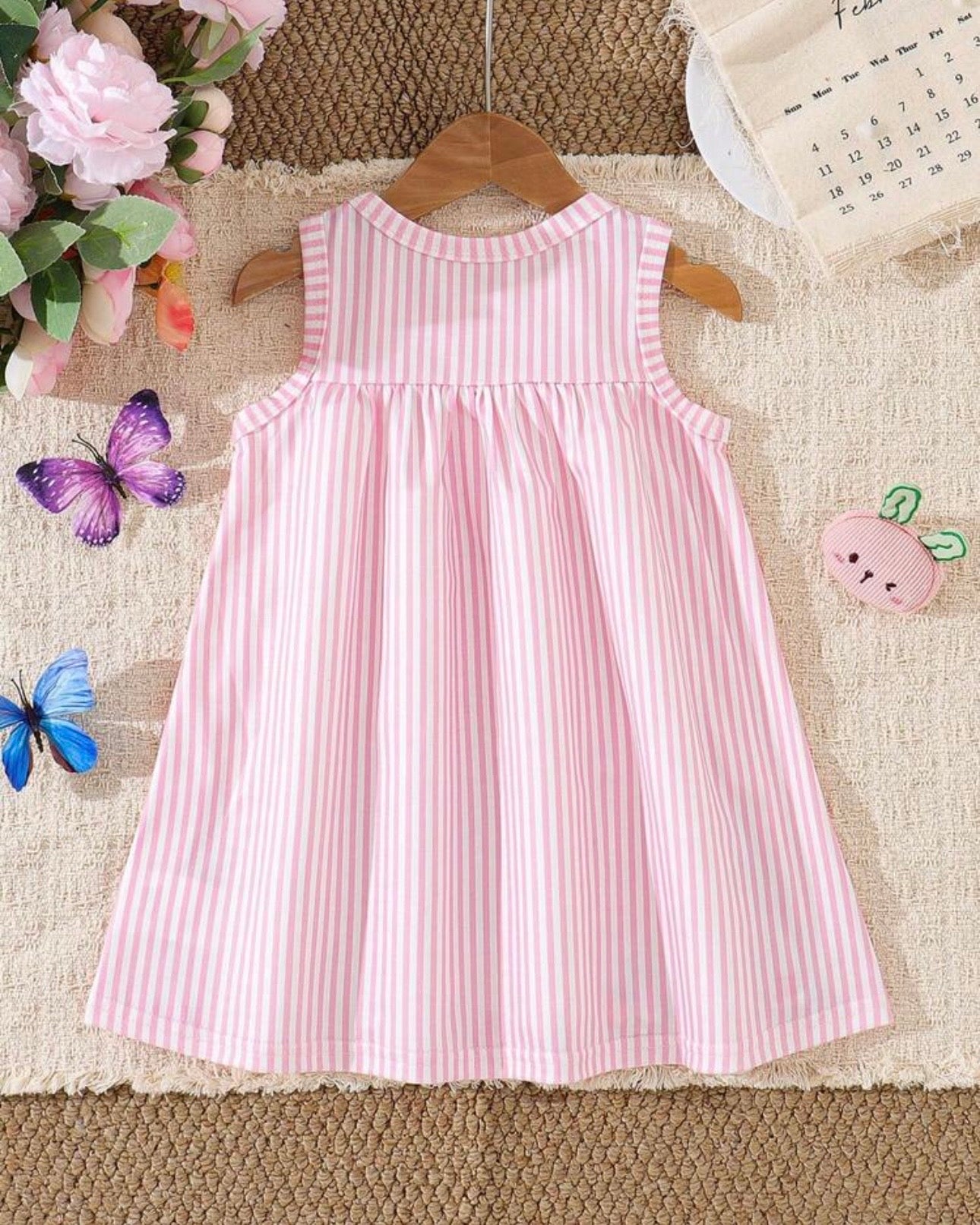 Baby Girl Pink Floral & Rabbit Print Suspender Dres