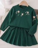 Girls’ Green Floral Jacquard Cardigan & Pleated Skirt Set