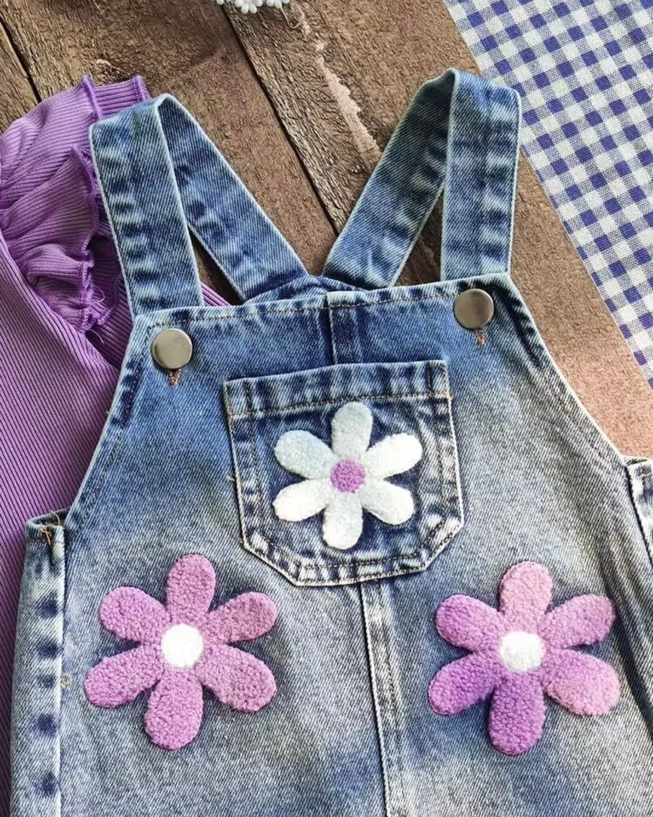 Baby Girls Purple Floral Embroidered Denim Overall Set
