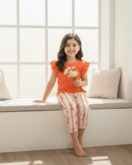 Baby Girls Orange Striped Ruffle Sleeve T-Shirt & Floral Pants Set