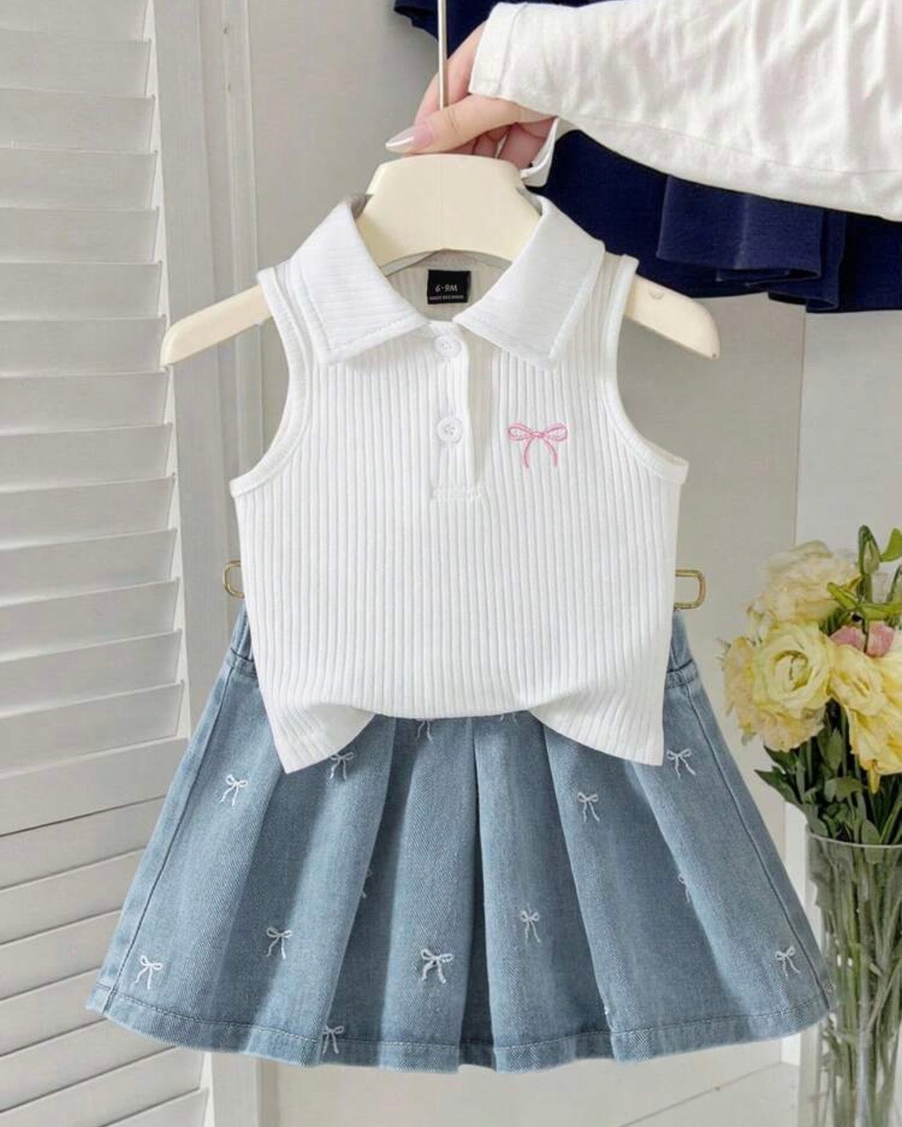 Girls  2pc White Polo Top with Bow & Denim Skirt