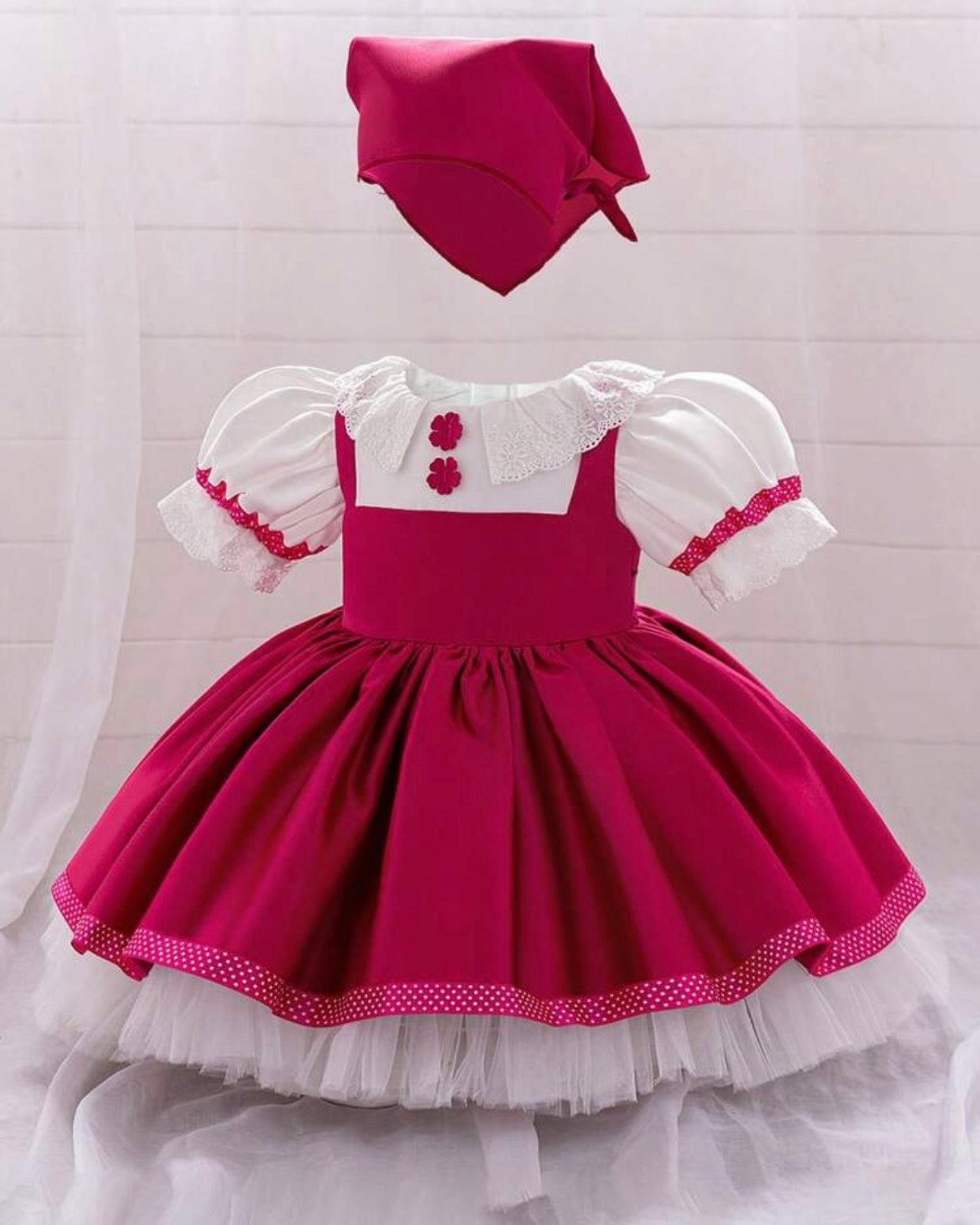 Baby Girls Fuchsia Puff Sleeve Satin Chiffon Masha Dress with Matching Neck Scarf