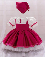 Baby Girls Fuchsia Puff Sleeve Satin Chiffon Masha Dress with Matching Neck Scarf