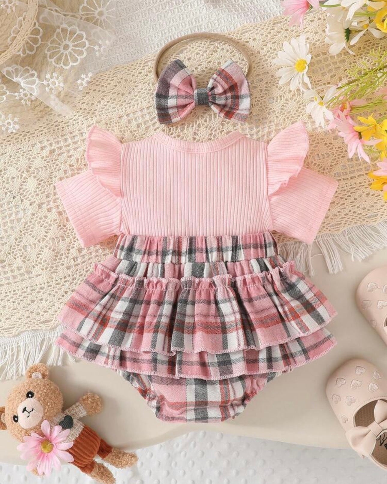 Baby Girls' Ruffle Sleeve Patchwork Cartoon Bear Bow Pink Embroidered Dress + Headband