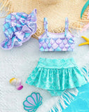 Girls Mermaid Ruffle Bikini Set with Hat – 3pc Swimwear Outfit for Beach & Pool
