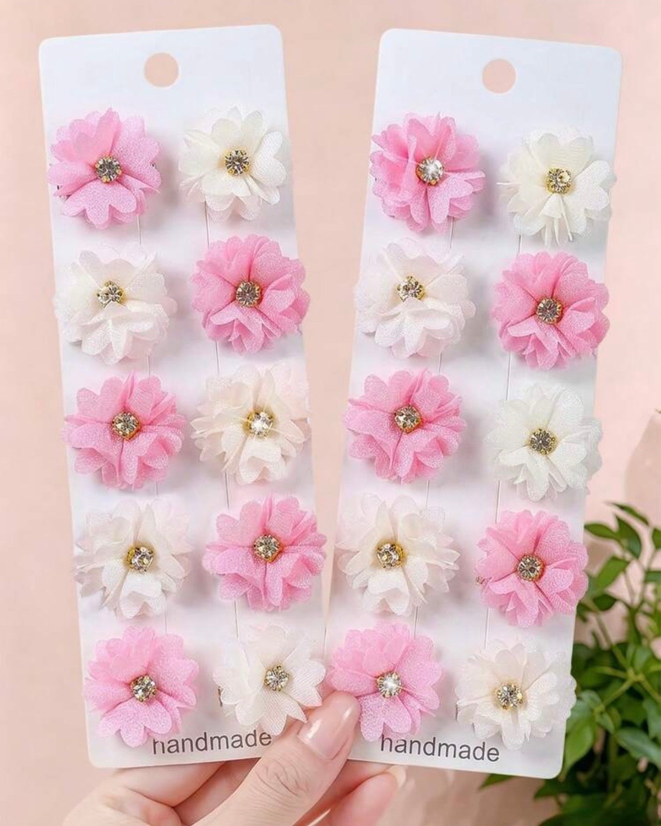 6/12 Pcs  Pink & White Rhinestone Flower Hair Clips