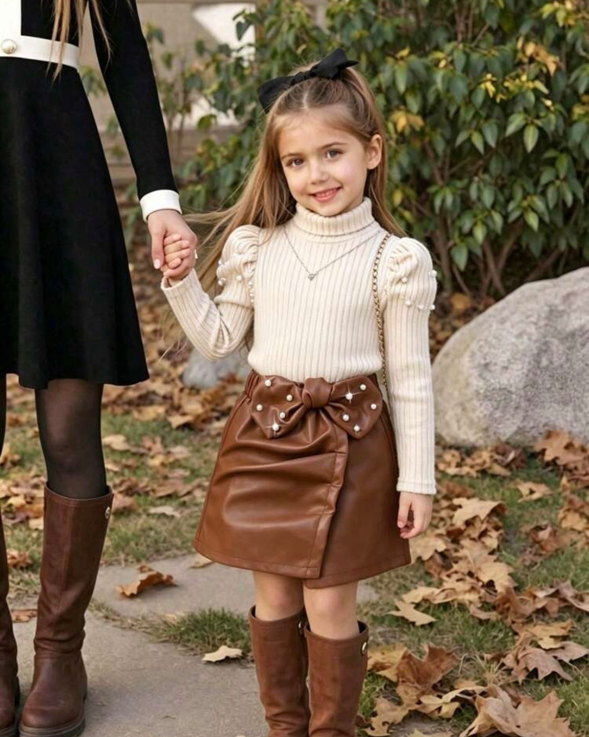 Girls High Neck Pearl Petal Sleeve Apricot Knit Sweater And Brown Leather Pearl Bow Skirt