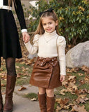 Girls High Neck Pearl Petal Sleeve Apricot Knit Sweater And Brown Leather Pearl Bow Skirt