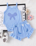 2Pcs Baby Girl Blue Embroidered Camisole Romper & Shorts Set
