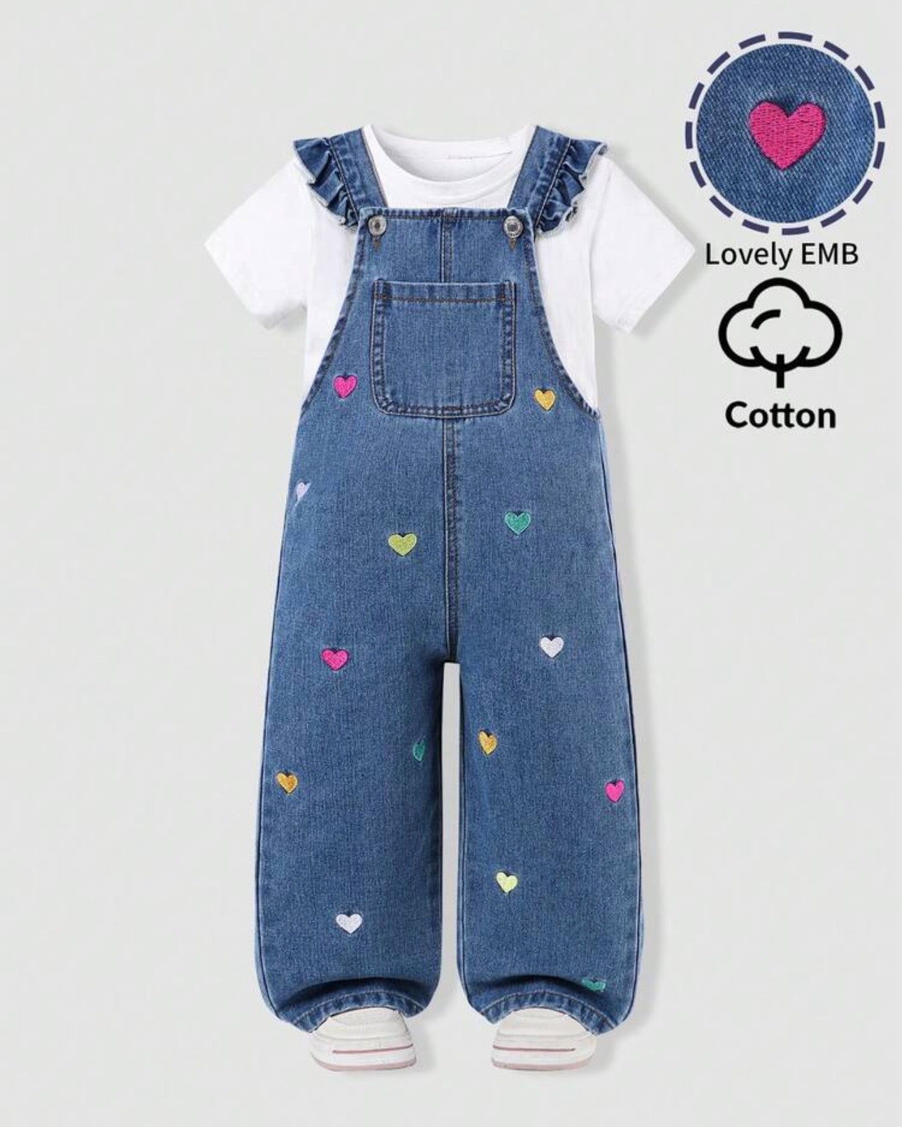 Girls Heart Embroidered Denim Overalls – Wide Leg Jumpsuit