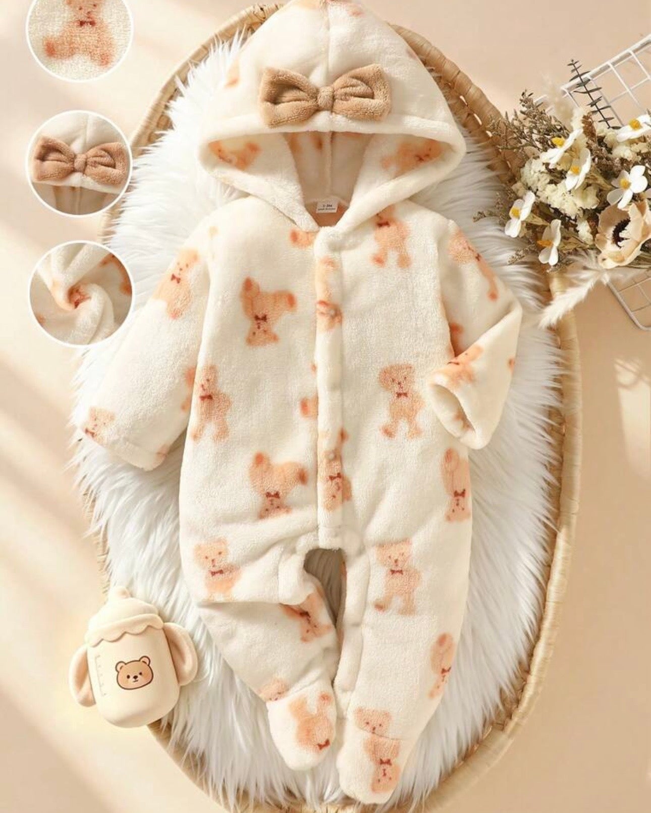 Newborn Baby Bear Pattern Plush Hooded Footed Romper