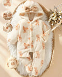 Newborn Baby Bear Pattern Plush Hooded Footed Romper