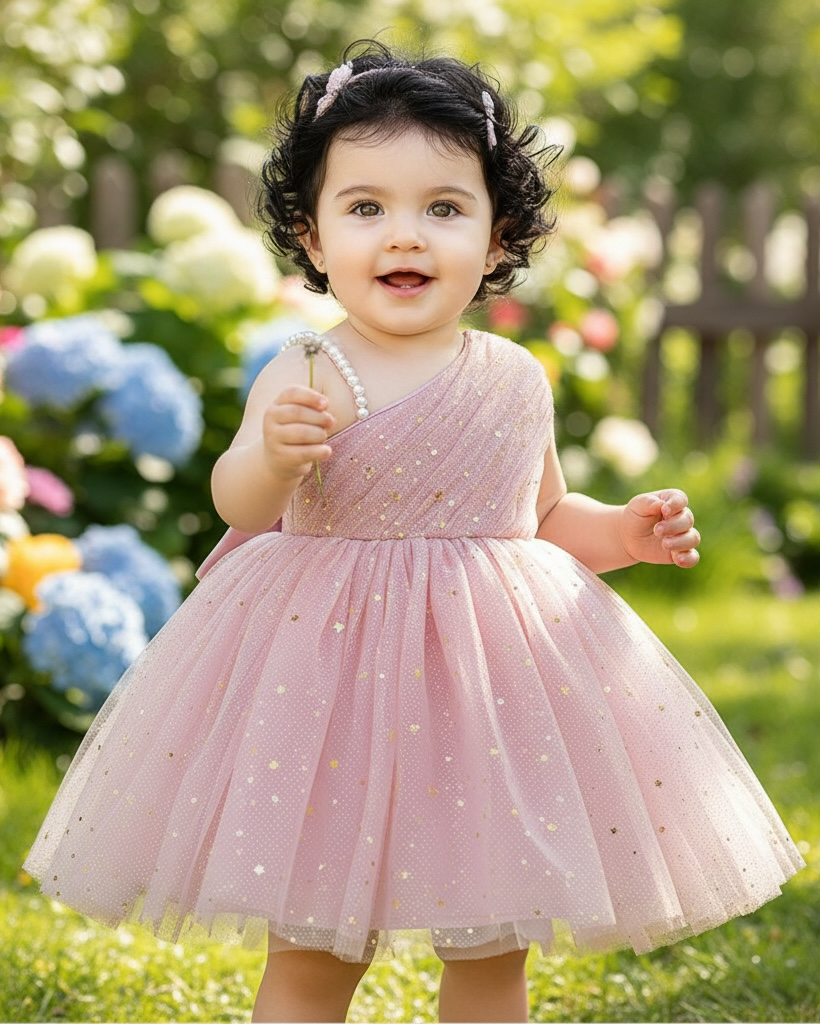 Baby Girls’ Pink Asymmetric Shoulder Faux Pearl Sequin Mesh Elegant Flower Girl Dress