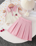 Cherry Patch Beige Polo Collar Top & Pink Skirt Set