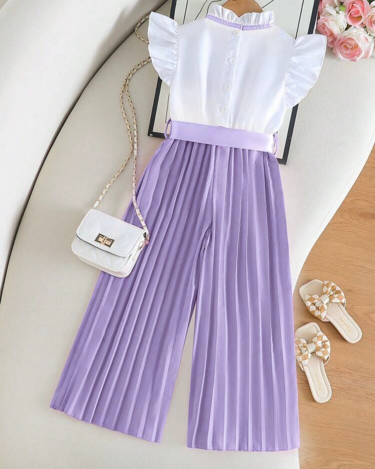Kids Lilac Flounce Sleeve Top & Wide Leg Pants Set