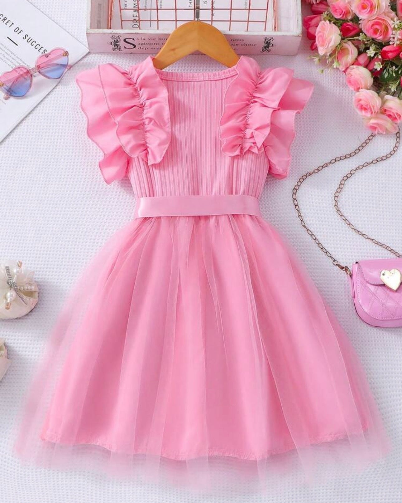 Young Girls Pink Cap Sleeve Mesh Dress