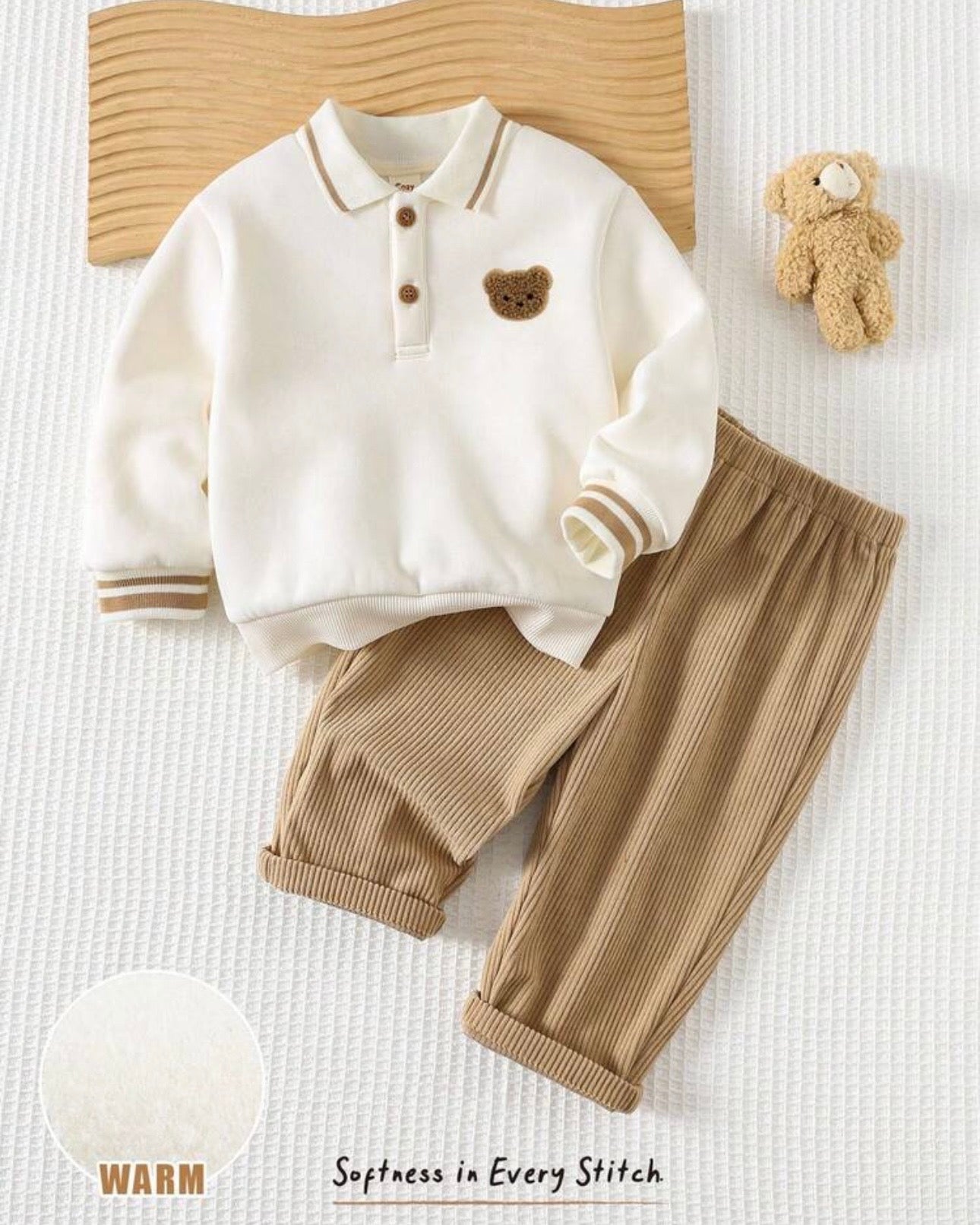 2pcs Baby Boy Bear Knit Pullover Sweatshirt & Khaki Winter Pants