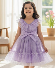 Kids Young Girl V-Neck Mauve purple Mesh Dress With Ruffles And Pleats