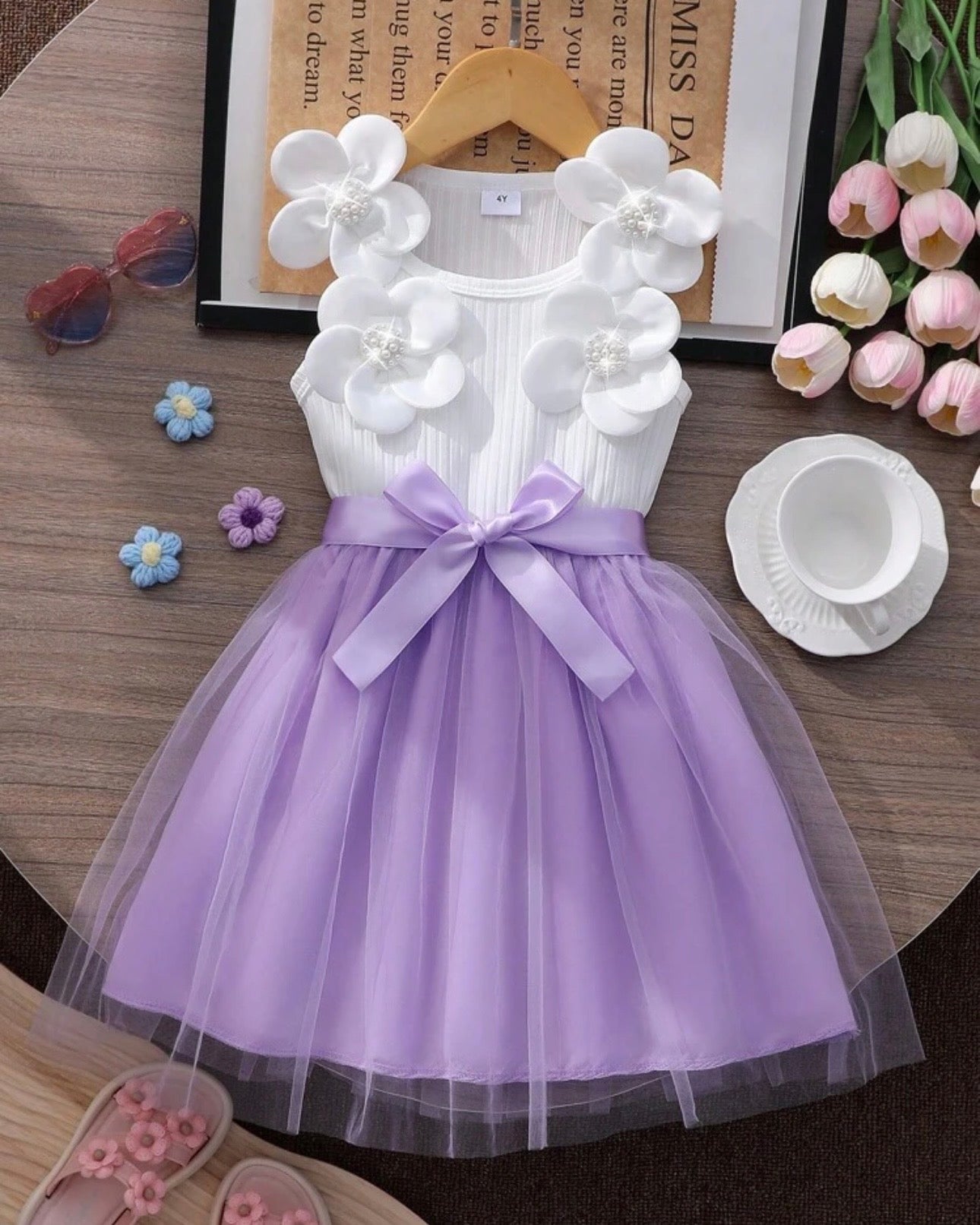 Kids Girls 3D Purple Floral Mesh Sleeveless Summer Party Dress