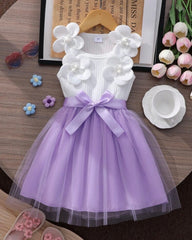 Kids Girls 3D Purple Floral Mesh Sleeveless Summer Party Dress