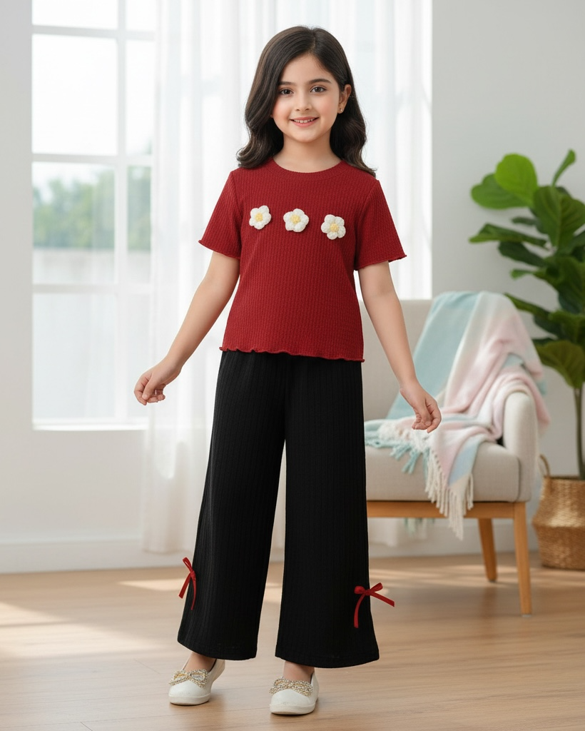 Girls Red and Black 3D Floral Textured T-Shirt & Pants Set – 2pcs Casual Outfit
