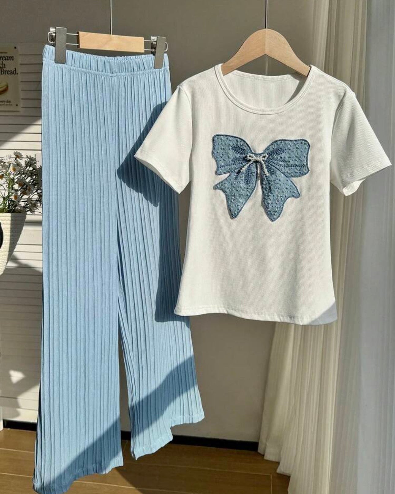 Tween Girls Blue Bow Embroidery White T-Shirt & Wide Leg Pants Set