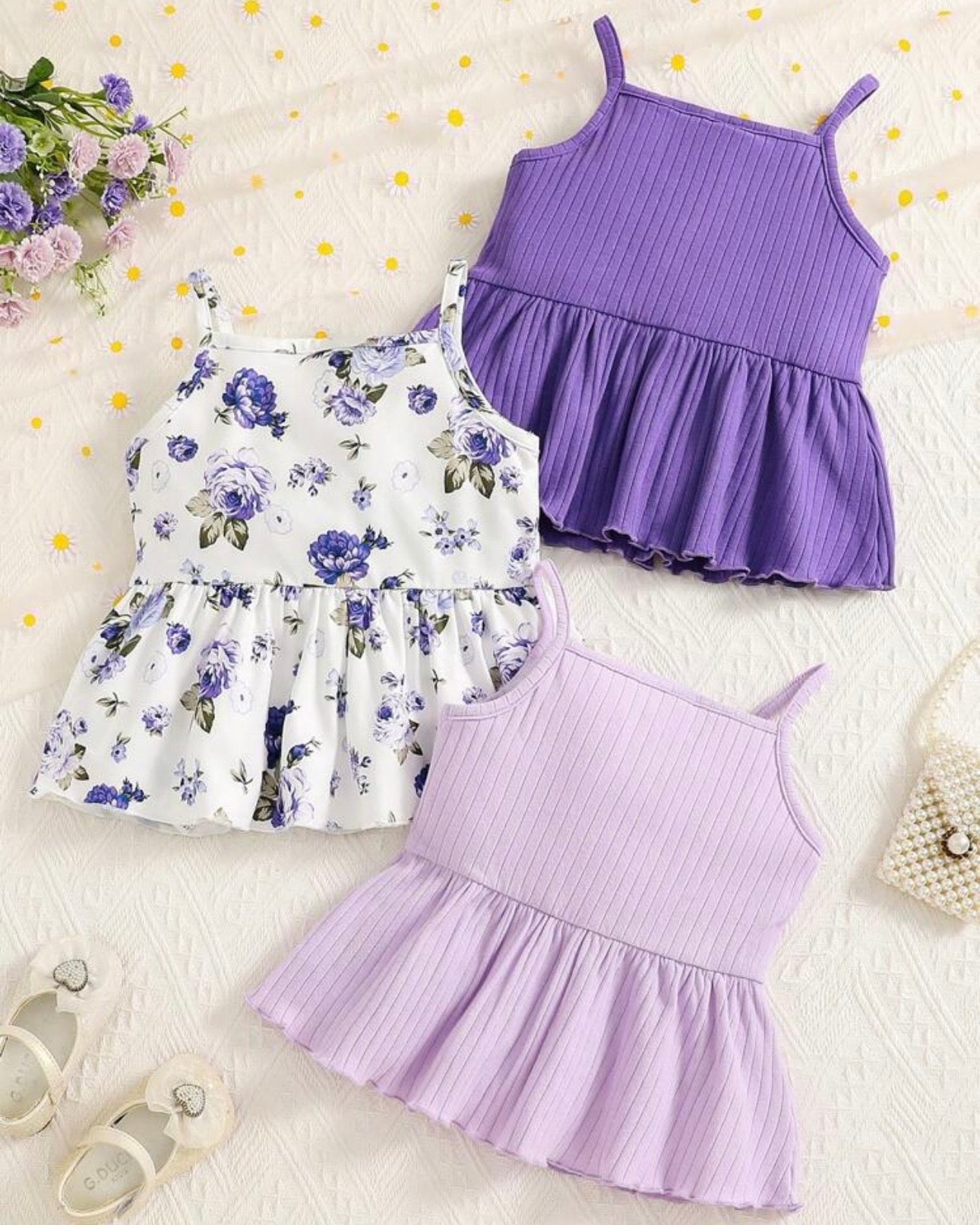 3PCS Purple Girls Ruffle Trim Camisole Tops Set