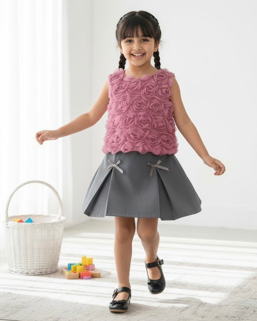 2pcs Girls Pink 3D Floral Sleeveless Top And Skirt