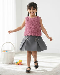 2pcs Girls Pink 3D Floral Sleeveless Top And Skirt