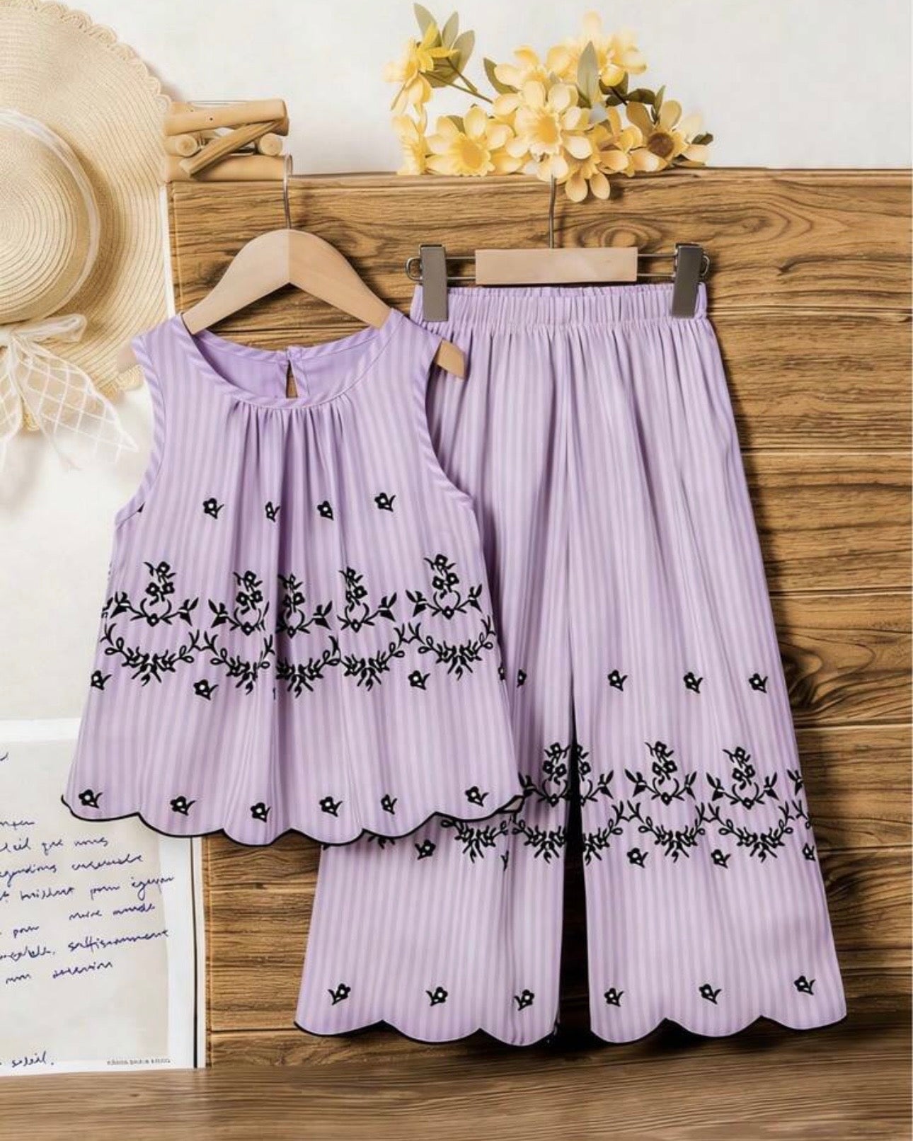 Girls Sleeveless Co-Ord Set – Purple Printed Embroidered Hem Top & Wide-Leg Pants