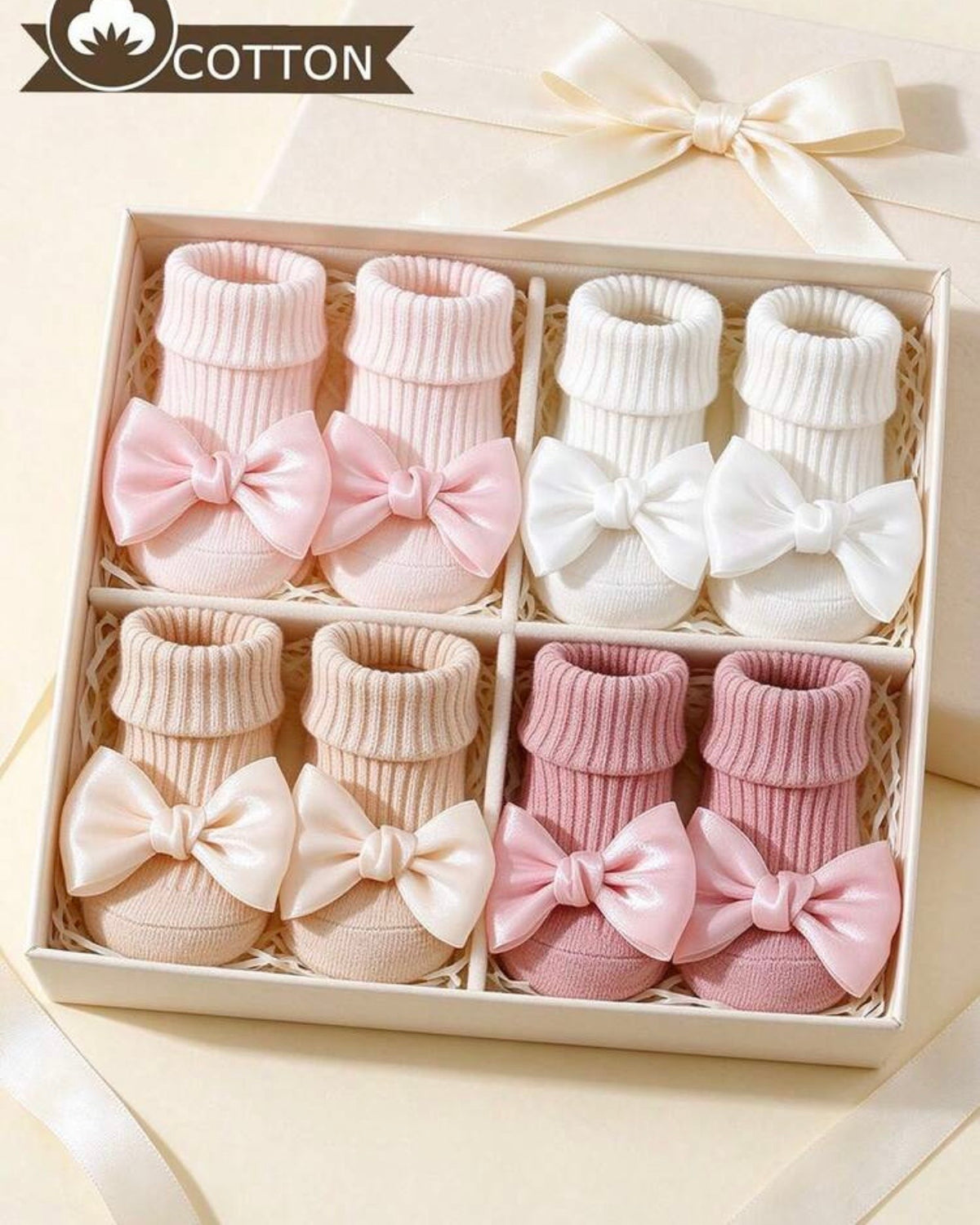 4 Pairs Baby Girls' Cotton Bow Decor Non-Slip Crew Socks
