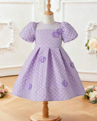 Girls Lilac Chiffon Floral Dress – Puffy Sleeve Princess Party Dress, Elastic Waist Summer Outfit for Kids