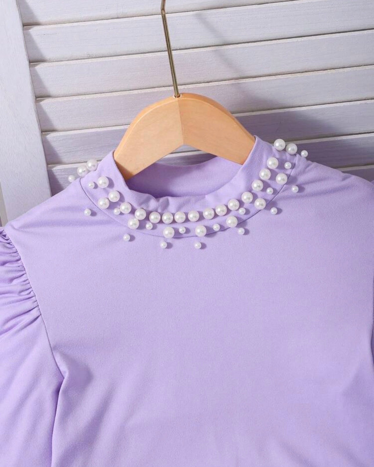 Tween Girl 2Pcs Outfit – Light Purple Faux Pearl Top & Floral Ruffle Skirt Set