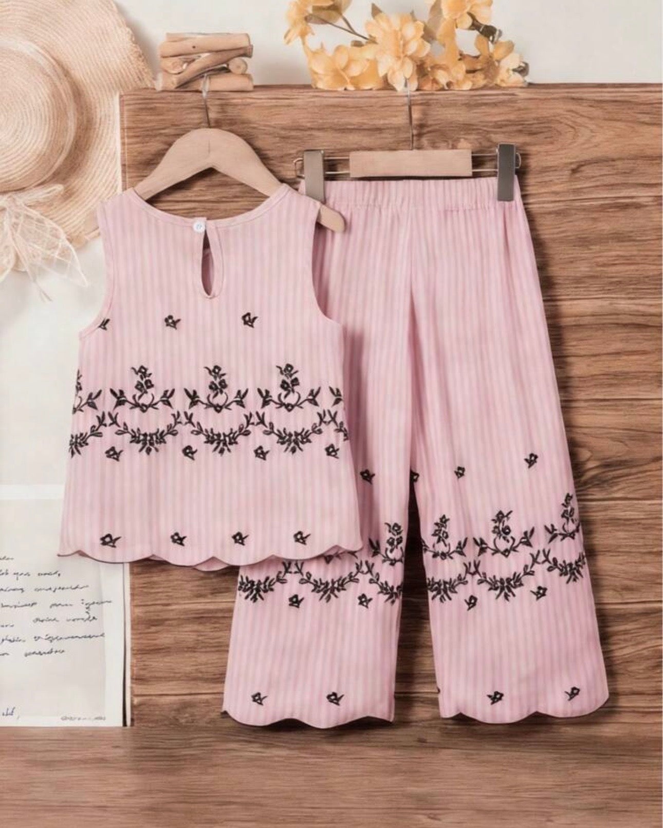 Girls Sleeveless Co-Ord Set – Pink Printed Embroidered Hem Top & Wide-Leg Pants
