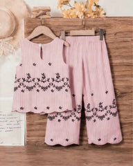 Girls Sleeveless Co-Ord Set – Pink Printed Embroidered Hem Top & Wide-Leg Pants