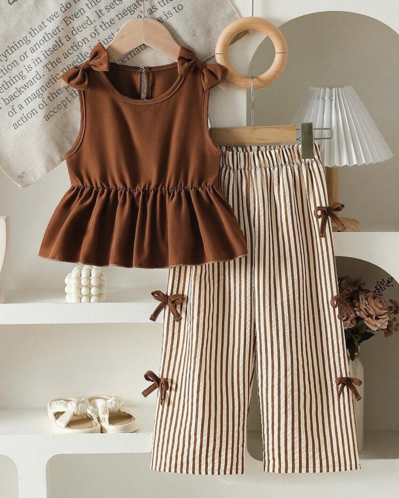 Brown Korean Style Pleated Top & Striped Wide Leg Pants Set