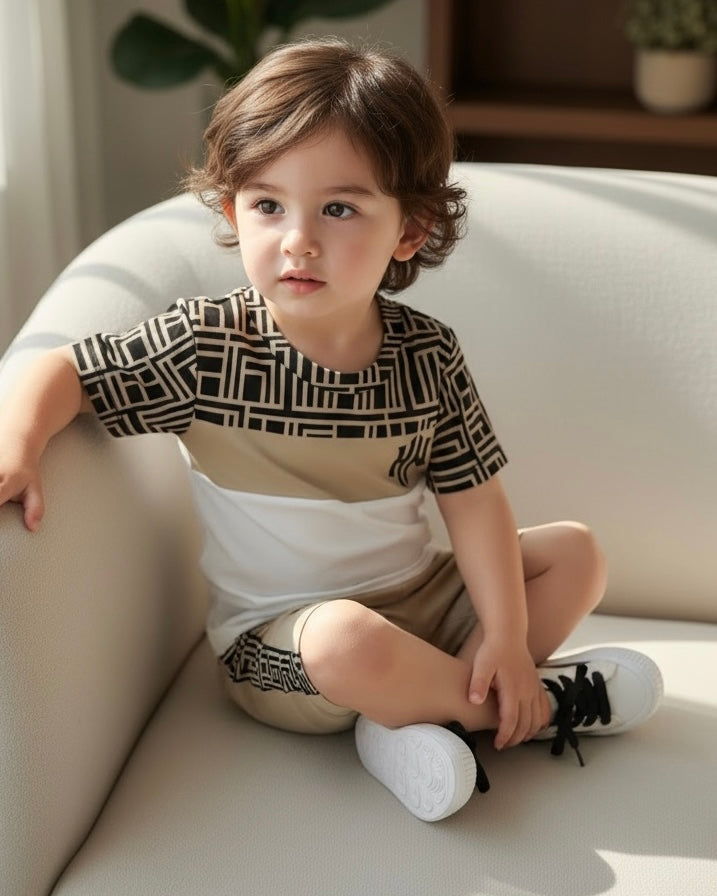 Plaid Splice Round Neck Short Sleeve T-Shirt And Shorts
