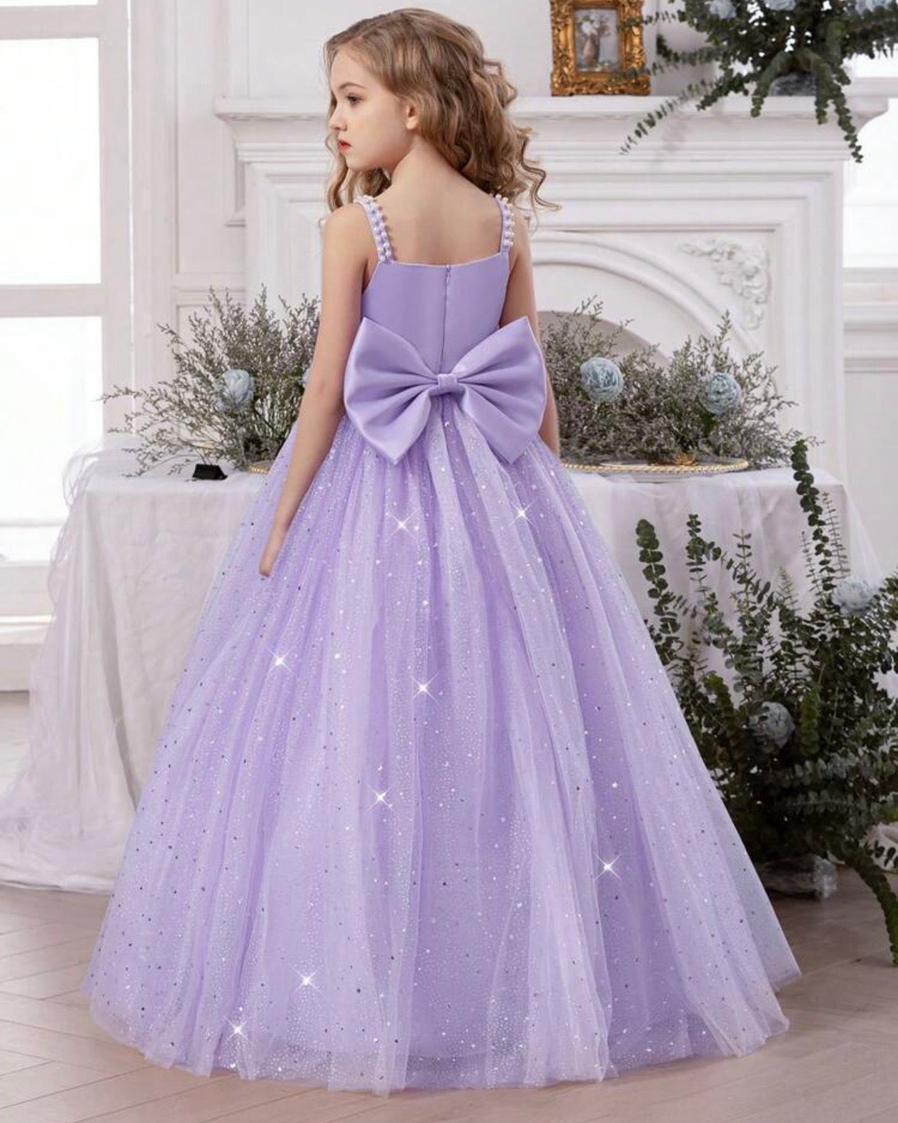 Girls Pearl Strap Star Mesh 3D Bow Lavender Princess Dress