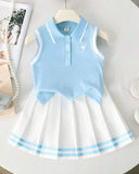 Girls Light Blue Heart Print Outfit Set – Sleeveless Polo Shirt & Pleated Skirt
