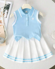 Girls Light Blue Heart Print Outfit Set – Sleeveless Polo Shirt & Pleated Skirt
