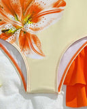 Young Girls Orange Floral Print One-Piece Swimsuit with Ruffle Skirt